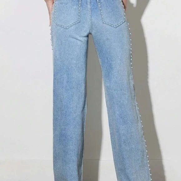 Women's Light Blue Flared Jeans with Silver Stud Accents - Picture 5 of 12